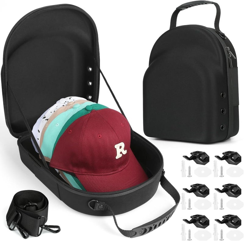 GERMUN Hard Baseball Hat Case with 6pcs Hat Hooks, Hat Carrier Travel Case with Adjustable Shoulder Strap, Hat Cap Case for 6 Baseball Caps - Perfect for Traveling (Black) - Image 1